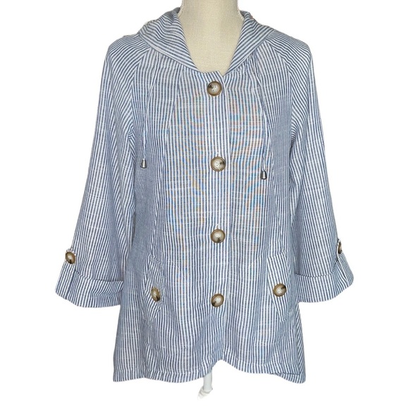 Sigrid Olsen Jackets & Blazers - Sigrid Olsen Blue White Pinstripe Hooded Hi/Low Hem Size S